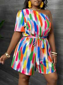 Slaydiva Plus Size Women Asymmetric Shoulder Colorful Waist Drawstring Jumpsuit - Multicolor - View 7