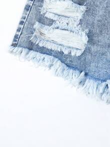 Shorts vaqueros anchos de verano para niñas preadolescentes, con ajuste holgado, diseño desgastado y bajo deshilachado - Azul lavado medio - Ver 4