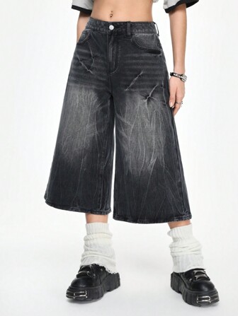 Grunge Punk Jeans anchos de tiro bajo y pierna extraancha con efecto desgastado estilo streetwear para mujer, estética Y2K