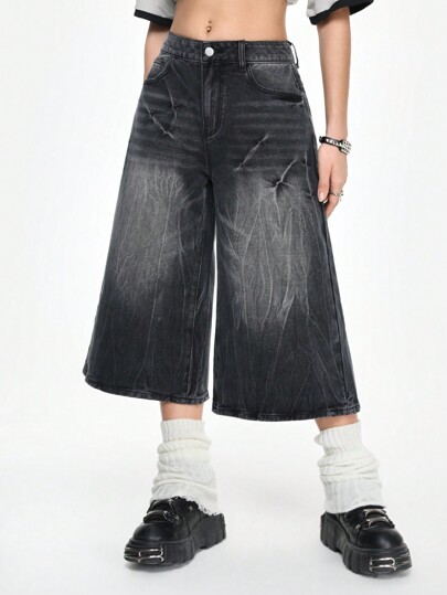 Grunge Punk Jeans cropped à taille basse et jambe extra large avec effet délavé et usé, style streetwear