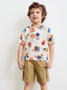 SHEIN Young Boys Pattern Print Round Neck Short Sleeve Tee And Loose Woven Shorts Set, Casual Daily Wear, Playful Style - Beige - View 5
