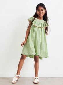 SHEIN Young Girls' Loose Round Neck Dress With Cherry Blossom Embroidery, Ruffle Hem And Cap Sleeves, Green, Casual Mori Style For Spring & Vacation
