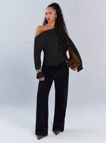 Athîral Women Casual Solid Asymmetric Collar Drawstring Top, Autumn - Black - View 4