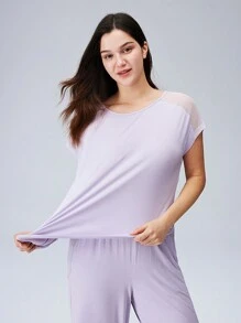 LUVLETTE Cloud Soft 柔软透气网眼短袖上衣和裤子家居服套装，轻盈透气，运动休闲舒适，带口袋的运动裤，内衣外穿家居服套装，适合春夏穿着。 - 淡紫色 - 查看 7