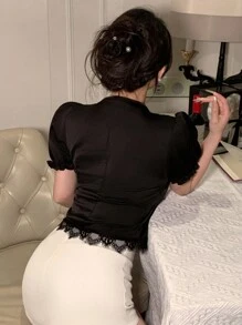 DAZY Bodycon Lace Top With V-Neck Short Sleeve, Elegant For Weddings And Banquets,Crop Tops Women - Black - View 5