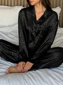 DAZY 缎面豹纹提花宽松睡衣套装，秋冬服装 - 黑色 - 查看 4