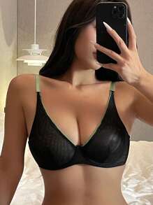 DAZY 撞色蕾丝可调节钢圈文胸，女士内衣 - 黑色 - 查看 7
