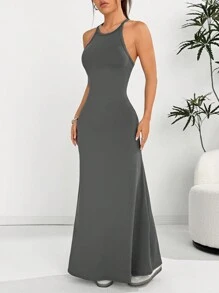 SHEIN EZwear 女士休闲无袖露背修身长裙 - 深灰色 - 查看 5