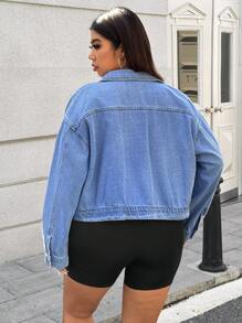 SHEIN EZwear Plus Size Women Single-Breasted Pocket Casual Denim Jacket, Long Sleeve