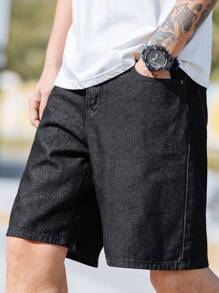 Manfinity Homme Men's Loose Fit Pocketed Wide Leg Denim Shorts - Black - View 1