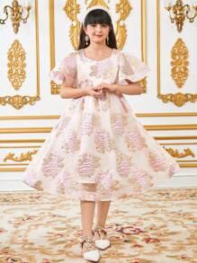 SHEIN Leap Crew Vestido midi de jacquard floral con cuello redondo y ribete de volantes elegante para niña preadolescente - Rosa - Ver 4