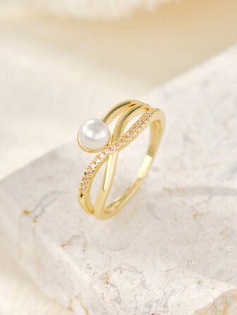1pc Fashionable Personalized Micro-Inlaid Zirconia & Faux Pearl Adjustable Open Ring Christmas Winter Christmas Gifts