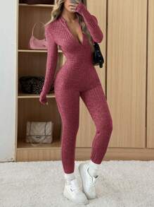 Muchica Ribbed Texture Thermal Lined Jumpsuit - Burgundy - View 3