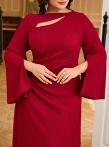 Modelyn Vestido elegante para mujer de talla grande, de unicolor, con pliegues, volantes y abertura en la manga - Burdeos - Ver 3