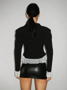 SHEIN ICON 女士性感黑白撞色修身蕾丝拼接西装外套 - 黑色 - 查看 2