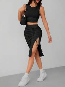 SHEIN PETITE Apricot Knitted Gathered Drawstring Two-Piece Set - Black - View 1