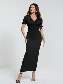 SHEIN Tall Dames effen V-hals bodycon korte mouw jurk Hoco Jurken