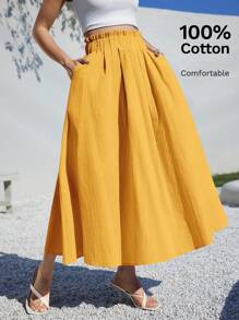 SHEIN Essnce 夏季女士服装休闲 A 字形亚麻中长裙，适合夏季海滩高腰宽松