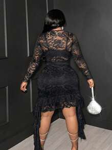 Maweii Plus Size Women Lace Trimmed Flounce Sleeve Semi-Sheer Long Dress - Black - View 2