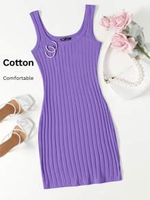 SHEIN Essnce 女款純色羅紋針織連身裙