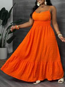 Slaydiva Plus Size V-Neck Orange Camisole Cinched Waist Flared Maxi Dress, Vacation Style,Beach Dress Sundress,Holiday Outfits Boho