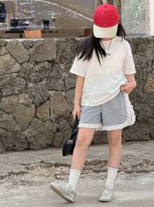 DAZY 2pcs/Set Tween Girls' Casual Letter Printed Short Sleeve Top And Shorts Set,Girls Summer Outfits,Back To School Clothes - White - View 5