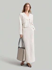 Ontre Women's Stand Collar Double-Breasted Long Sleeve Short Suit Jacket, Urban Vintage Style, Linen Material