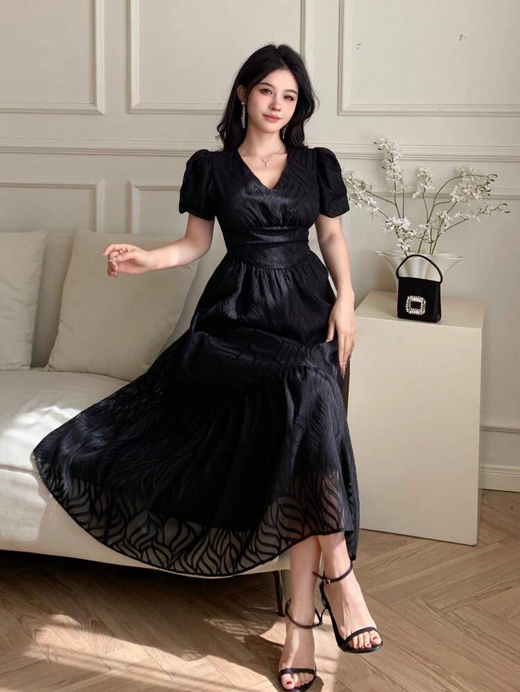 Women's City Party Textured Puff Sleeve Midi Dress, Spring/Summer