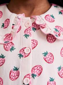 SHEIN Young Girls Set Of Raspberry Print Ruffled Collar Loose Blouse And Elastic Waist Flared Leg Pants With Ruffle Hem, Casual Cute Style For Spring