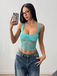 SHEIN EZwear Women's Floral Lace Ruched Cropped Slim Fit Camisole - Mint Green - View 4