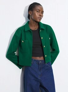 BizChic 2025 Summer New Arrival Olive Green Metal Button Decor Short Jacket For Women, Business Casual For Daily Commute, Elegant For Beach Resort, Suitable For Wedding Guests, Countryside Music Festival, Brunch, Airport, Scandinavian Style, American Independence Day - Green - View 6