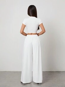 SHEIN PETITE Solid Color Short Sleeve T-Shirt And Wide Leg Pants Set, Minimalist Fashion Casual Daily Wear