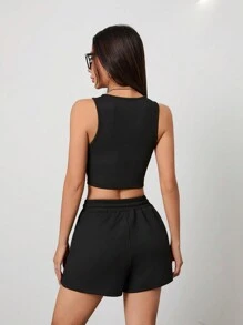 SHEIN PETITE Knitted Solid Color Vest And Elastic Shorts Set - Black - View 3