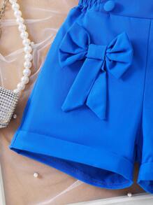 2pcs/Set Young Girls Floral Camisole Top And Lavender Bowknot Shorts, Comfortable Casual Summer Holiday Outfit - Blue - View 4