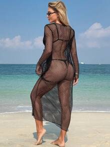 SHEIN Swim 1 Pc Long Sleeve Beach Cover-Up Dress, Solid Color Fishnet, Front Circular Ring Deep V Elegant Design For Women, For Summer Vacation