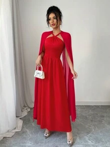 SHEIN Unity Summer Women's Holiday Party Outfits Long Women's Valentine's Day Halter Neck Red Chiffon Splicing Cape Dress - Red - View 5