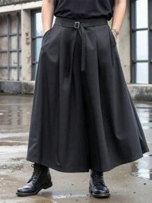 Manfinity EMRG 男士设计感十足的深色阔腿裤风格宽松休闲长裤 - 黑色 - 查看 1