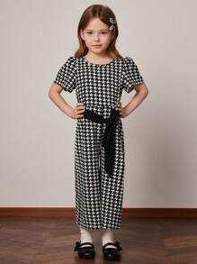 PrepCrw 年轻女孩春夏学院风黑白千鸟格针织泡泡袖圆领连体裤 - 黑與白 - 查看 4
