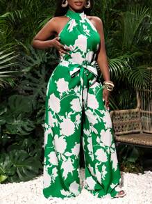 Slaydiva Women's Vacation Floral Print Turtleneck Side Split Pocket Wide Leg Fitted Jumpsuit - Green - View 3
