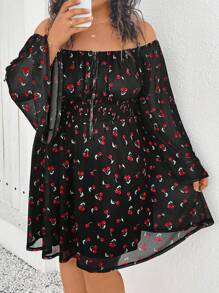 SHEIN CURVE+ CURVE PLUS /Valentine's Day/Plus Size Valentine's Day Cherry Print Dress - Multicolor - View 3