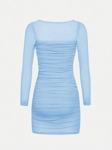 SHEIN Girlism Teenage Girl Vintage Solid Color Square Neck Mesh Ruched Mini Dress