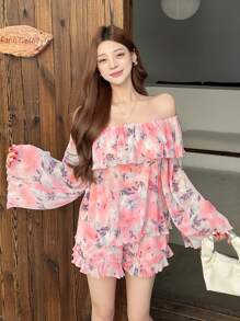 DAZY 2pcs/Set Women Tie-Dye Allover Print Chiffon Off Shoulder Ruffle Top And Shorts Set Floral,Fall Women Clothes Vacation Cruise Outfit For Women - Pink - View 6