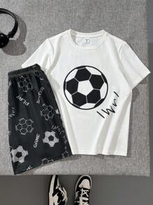 SHEIN Tween Boy Casual Minimalist Football Graphic Round Neck Short Sleeve Top And Shorts 2pcs Sleepwear Set, Loose Fit & Flame Retardant