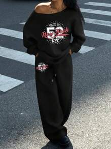 SHEIN Essnce 2 件套女士纽约 52 超大露肩宽松休闲字母图案运动衫和阔腿保暖内衬运动裤套装，适合秋冬季 - 黑色 - 查看 3