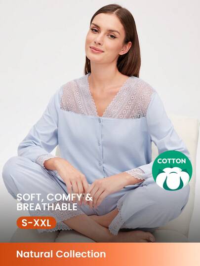 LUVLETTE Soft Blue 100% Pure Cotton Lace Elegance Trim Button-Up Top & Pants Loungewear Lingerie Pajama Sets For Women Pants With Pockets Lounge Sets For Women Fall Pajamas Clothes,Spring And Summer