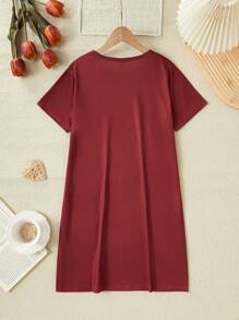 复古红色女孩画笔心形图案简约舒适短袖睡袍，睡衣 - 紅色 - 查看 2