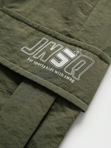 Back-To-School Tween Boy Olive Green Baggy Cargo Pants,Summer School Casual Elastic Waist 3M Reflective Letter Print Loose Wide Leg Jogger Pants - Army Green - View 9