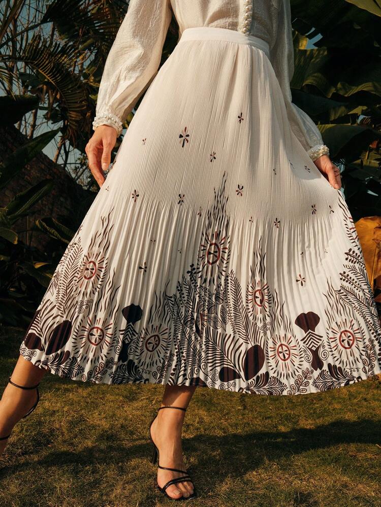 Elegant Romantic Khaki Print Woven Day-To-Day Commuting & Party Skirt For Women, Spring/Summer, Modesty Clothes