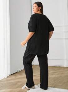 SHEIN Cottnline Bộ đồ ngủ mặc nhà tay ngắn cổ chữ V chất liệu cotton size lớn cho nữ - màu đen - Xem 2