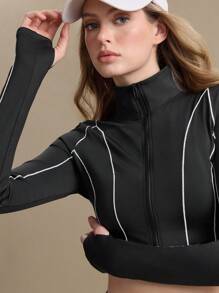 Gameset SHEIN Sport 2 件套拼色短款上衣和修身短裤运动套装 - 黑色 - 查看 7